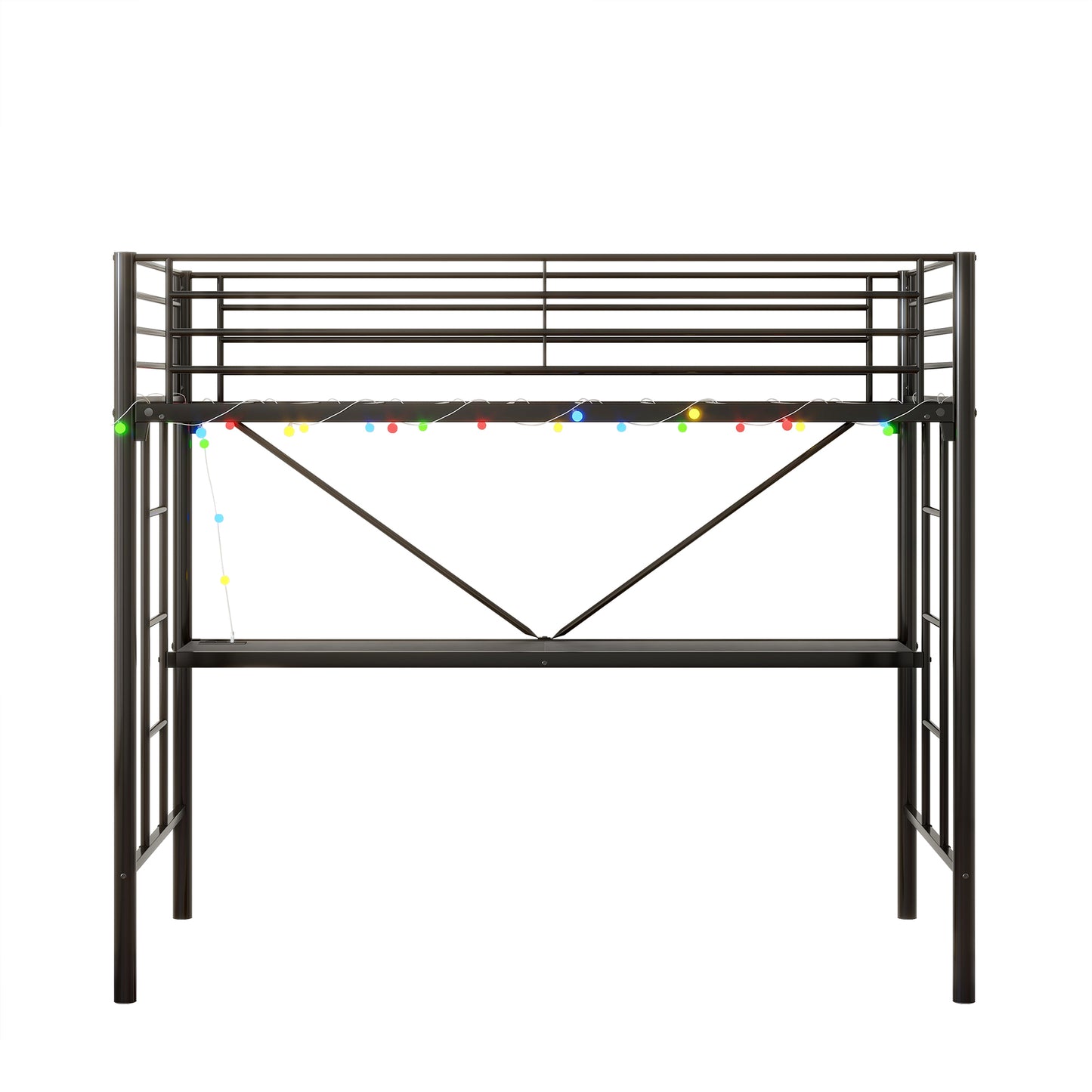 Twin Metal Loft Bed with Desk, Power Outlet and LED Lighted , Safety Guard & Ladder, No Box Spring Needed, Black