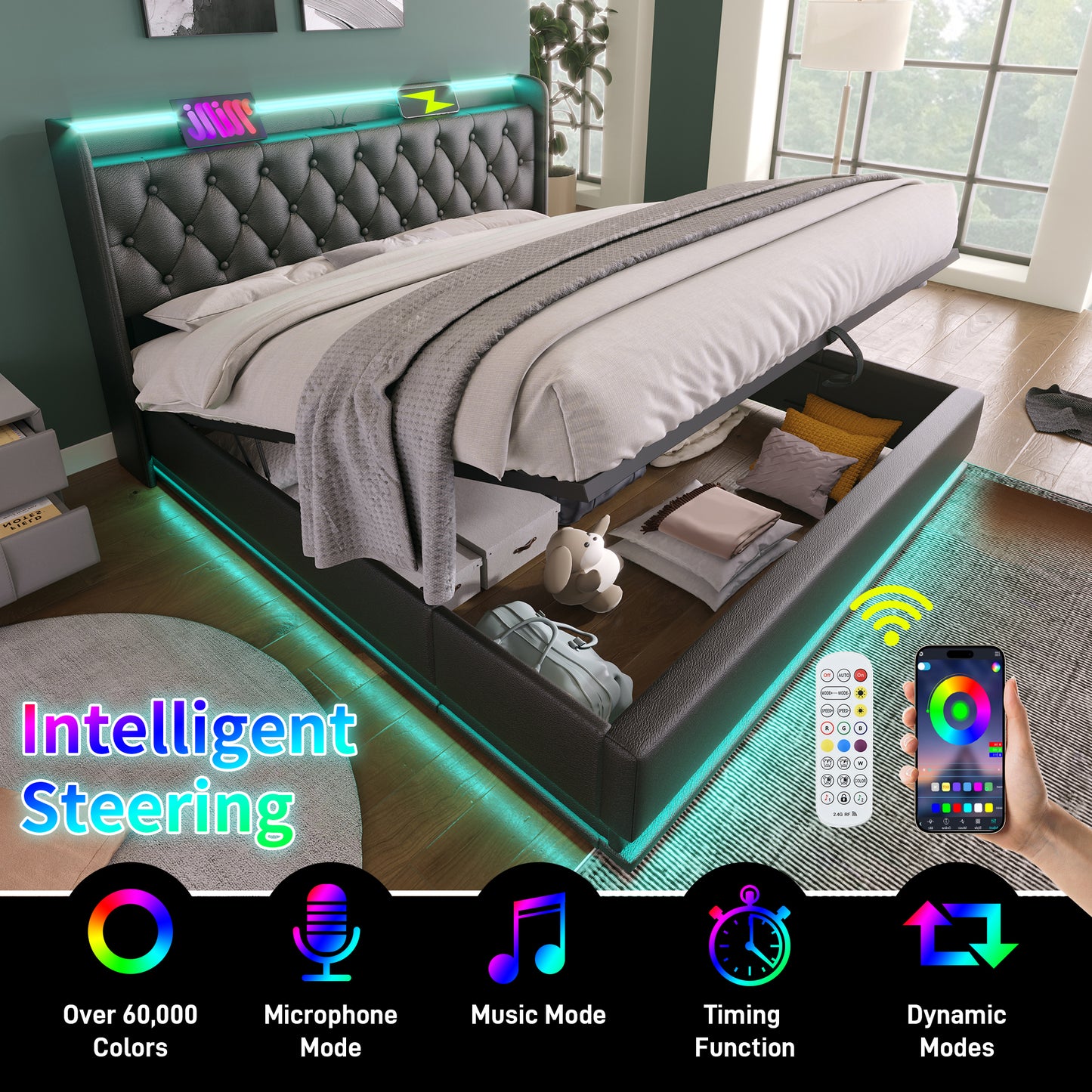 King size Upholstered bed, 360 surround LED function, Buttons/Apps/Remote Control, hydraulic storage bed with USB Type-C charging, Black, PU (Without mattress)