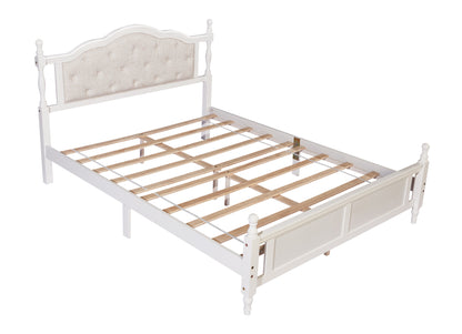 Queen Pine wooden Bed with Upholstered Headboard  and Panel Footboard, with  Two Bed Rail Support Feet and Central Platform Support Feet ,White