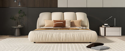 Queen Size Luxury Upholstered Bed With Thick Headboard, Velvet Queen Bed with Oversized Padded Backrest, Beige(Expect arrival date 2024/4/9)