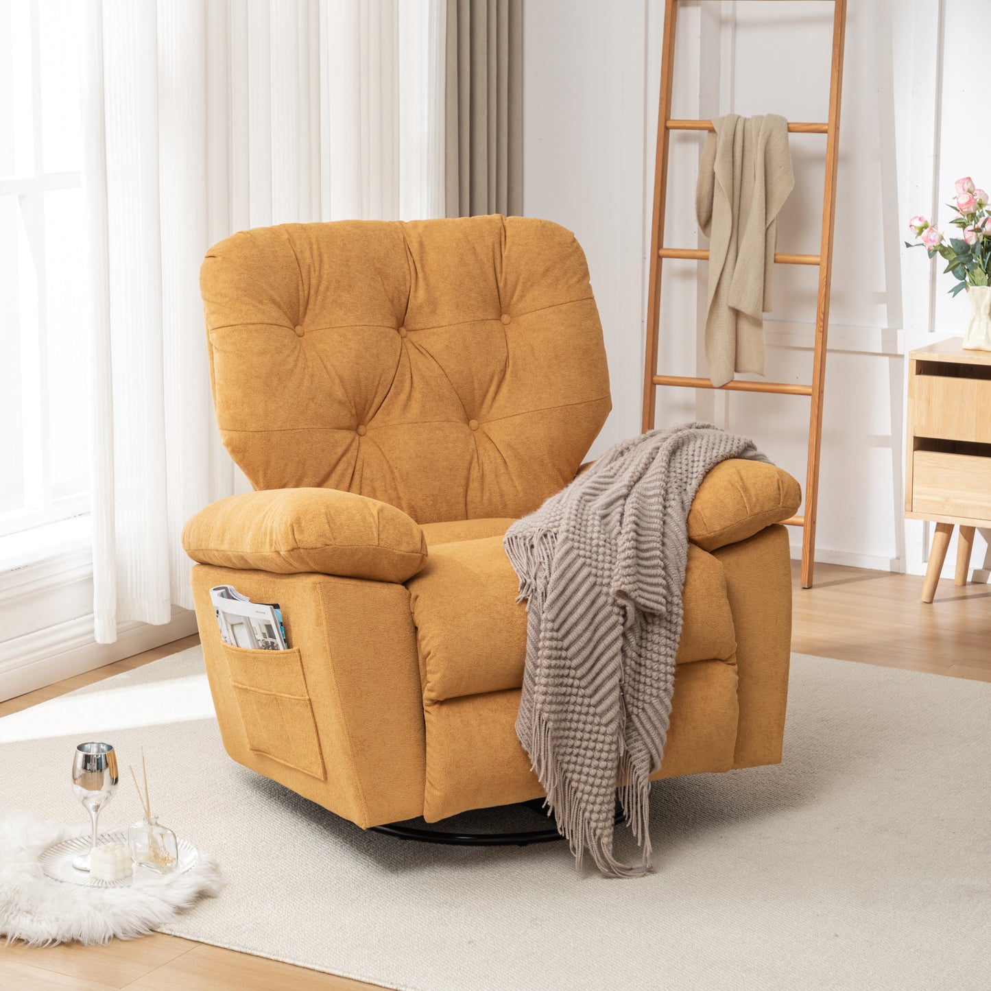 Yellow Relaxing Recliner Chair,Soft Artificial Fleece, Overstuffed, Swivel, Glider, Side Pocket