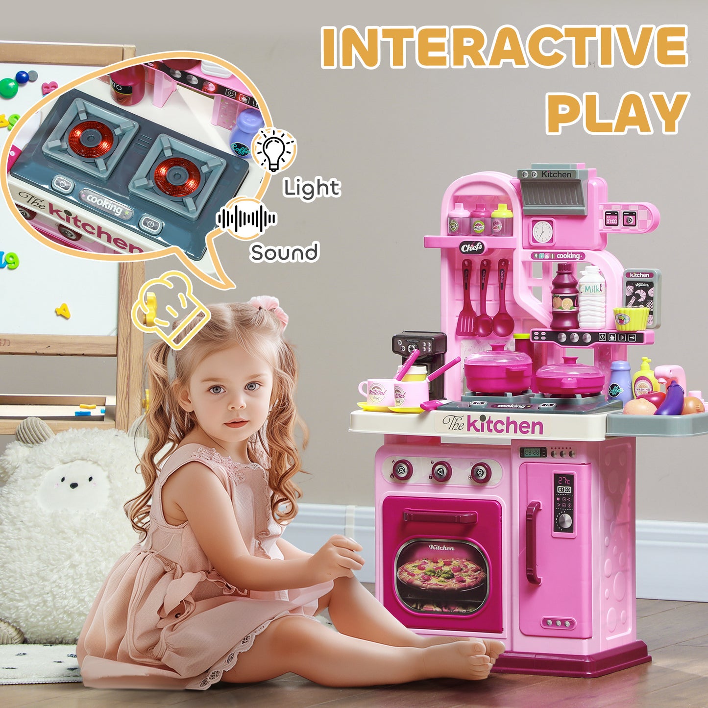 Qaba Play Kitchen, Kids Kitchen Playset Toy Kitchen with Lights, Sounds, 33 Accessories, Storage, Interactive Playset for Toddler 3-6 Years, Pink