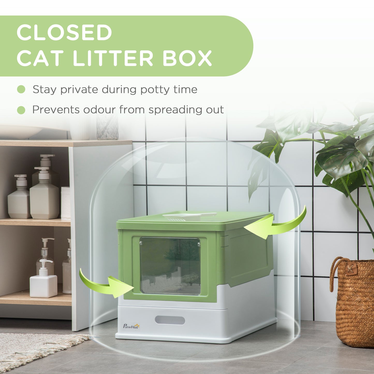 PawHut Fully Enclosed Cat Litter Box with Scoop, Hooded Cat Litter House with Drawer Type Tray, Foldable Smell Proof Cat Potty with Front Entry, Top Exit, Large Space, Yellowish Green