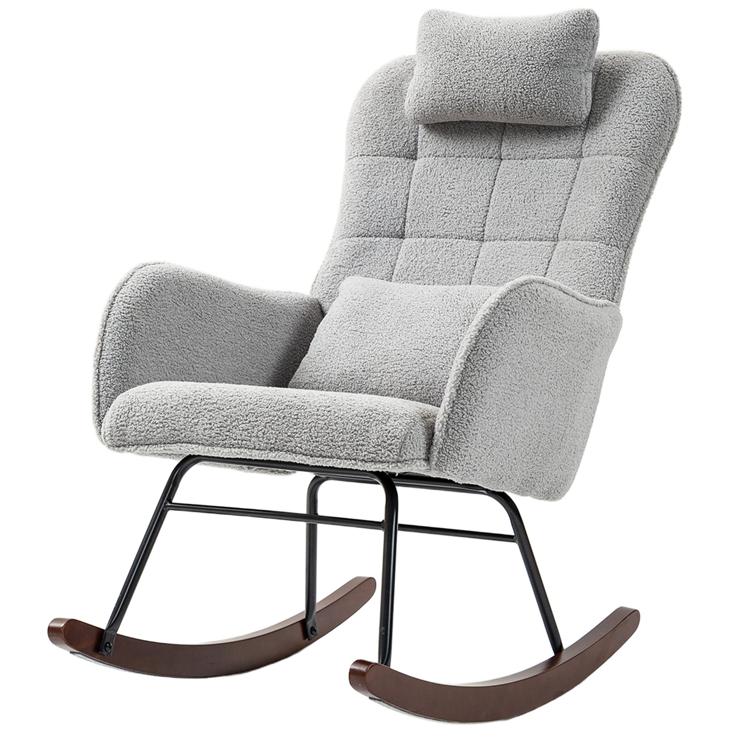 HOMCOM Upholstered Rocking Chair with Headrest and Lumber Pillow, Boucle Modern Rocker Chair with High Back, Steel Frame and Beech Wood Base for Living Room, Bedroom, Light Gray