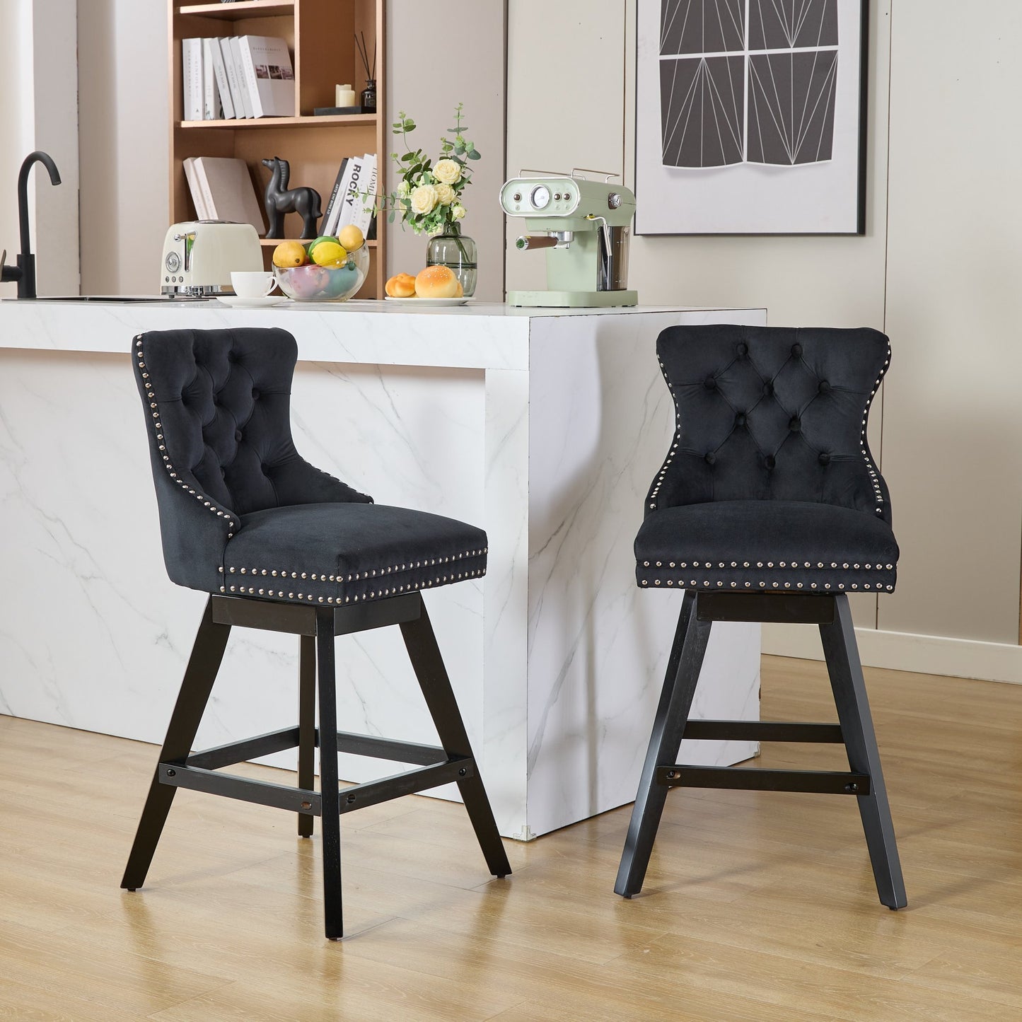 Swivel Velvet Barstools with Button Tufted Decoration and Wooden Legs, and Chrome Nailhead Trim, Leisure Style Bar Chairs,Bar stools, Set of 2 (Black),SW1860BK