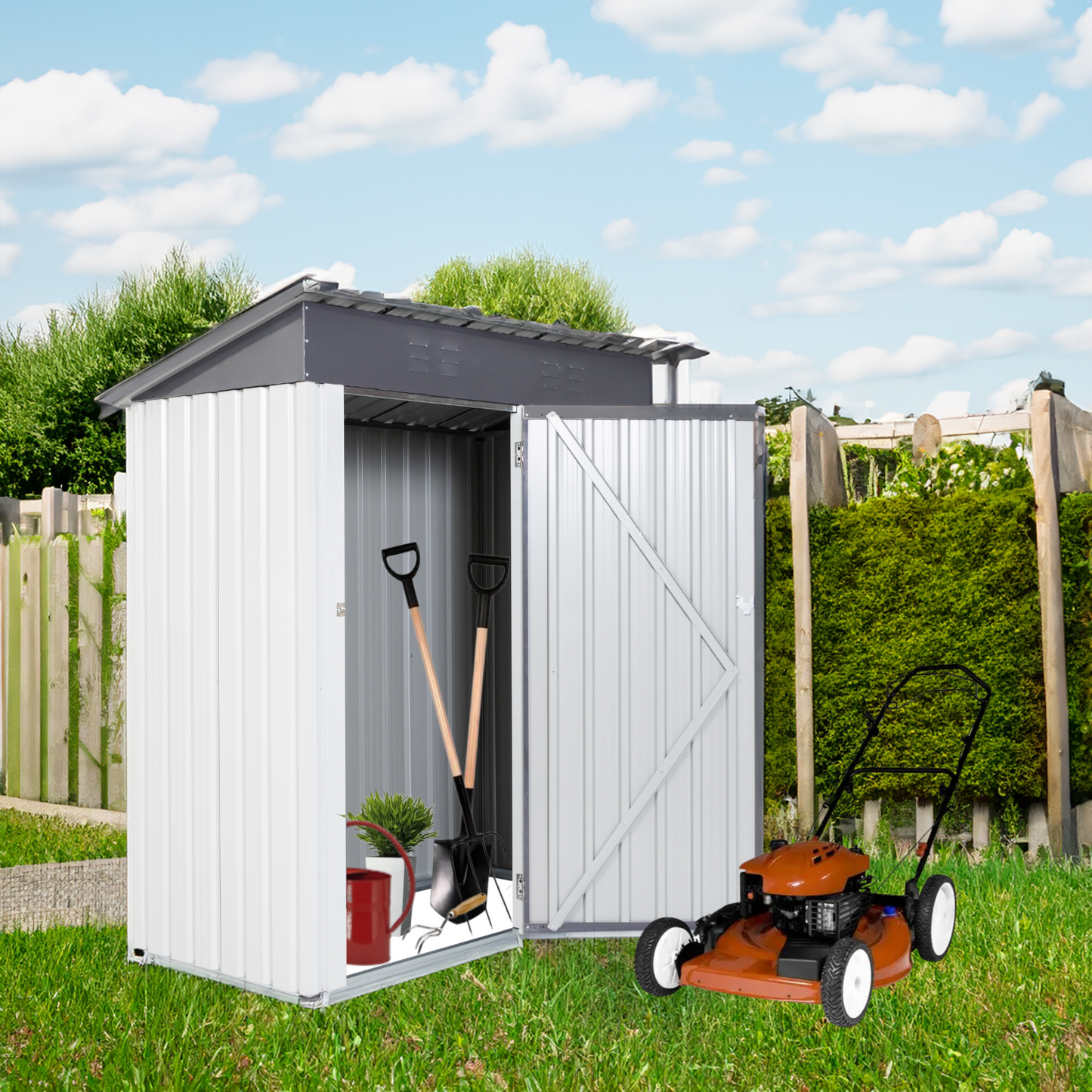 XWT016 Garden Metal Storage Lifter Shed Gray White 5x3x6ft outdoor storing tools Rainproof Hinge door version