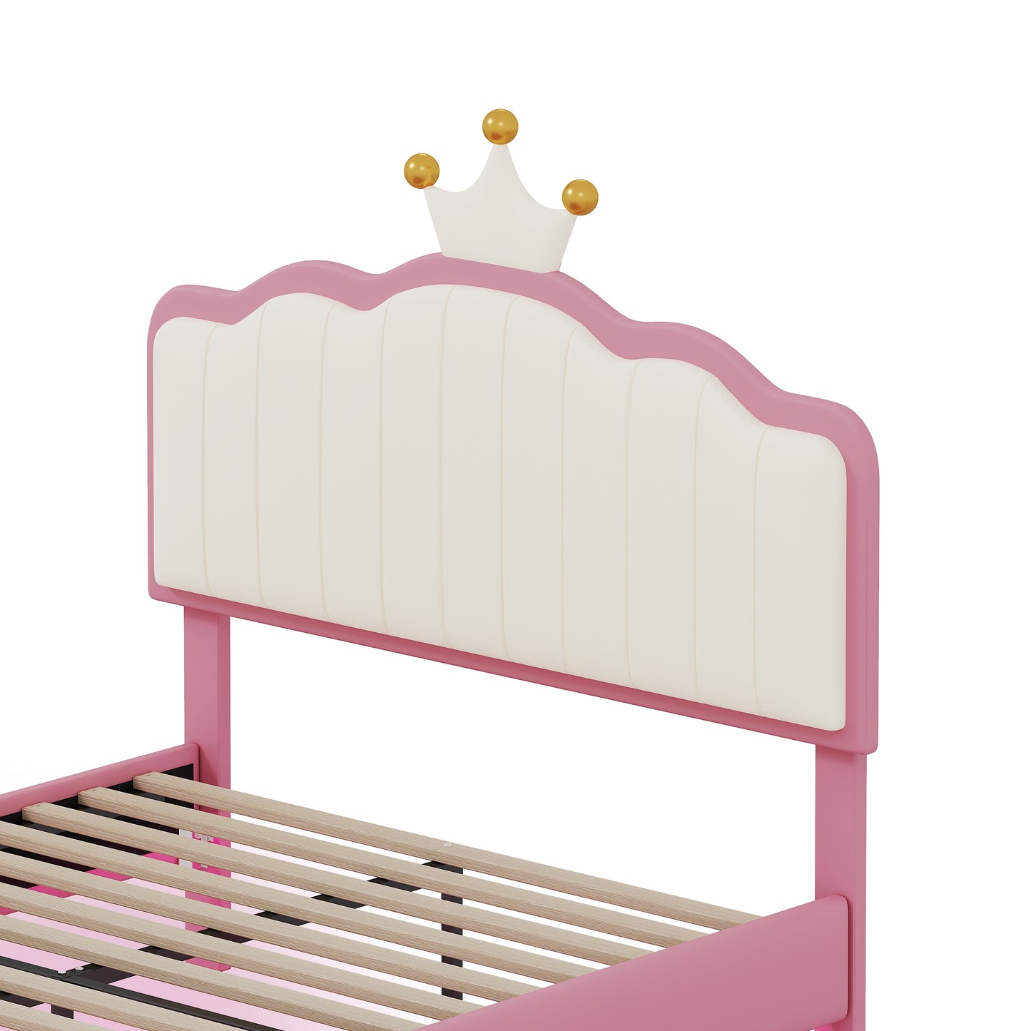 Twin size Upholstered Princess Bed With Crown Headboard, Platform Bed with  with Light Strips,Golden Metal Legs, White+Pink