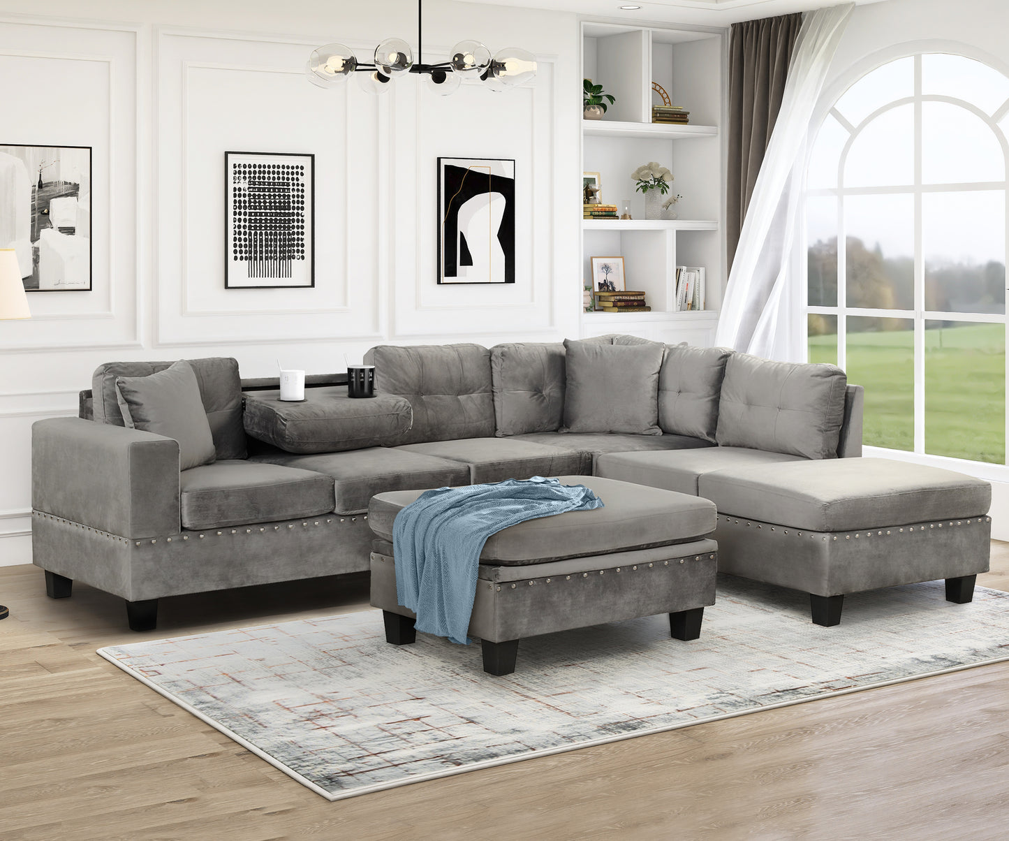 105" Modern Sectional Sofa with Storage Ottoman, L-Shape Couch with 2 Pillows and Cup Holder,Sectional Sofa with Reversible Chaise for Living Room,Gray