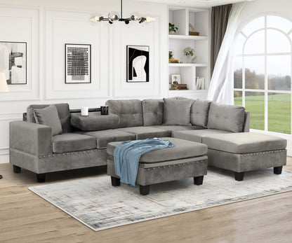 105" Modern Sectional Sofa with Storage Ottoman, L-Shape Couch with 2 Pillows and Cup Holder,Sectional Sofa with Reversible Chaise for Living Room,Gray