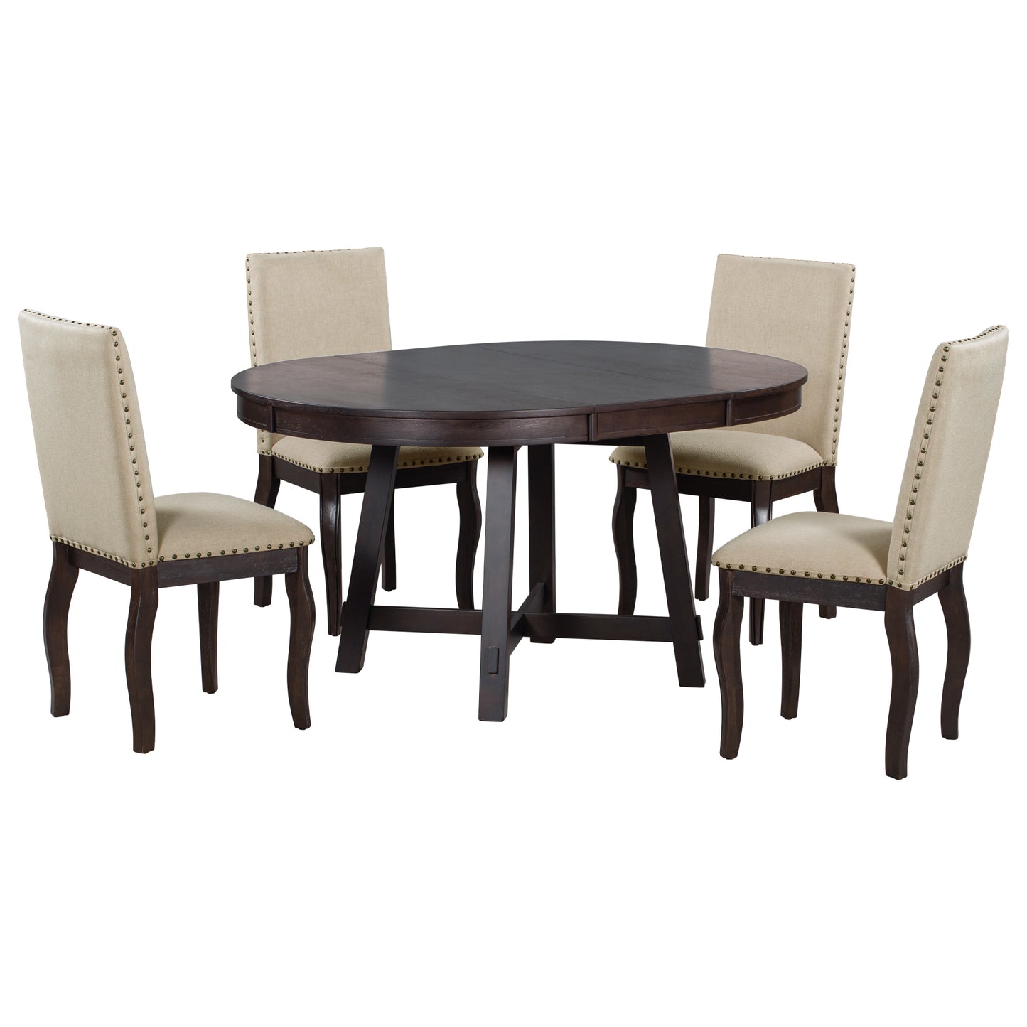 TREXM Farmhouse 5-Piece Dining Table Set with Extendable Round Wood Table and Upholstered Chairs, Espresso