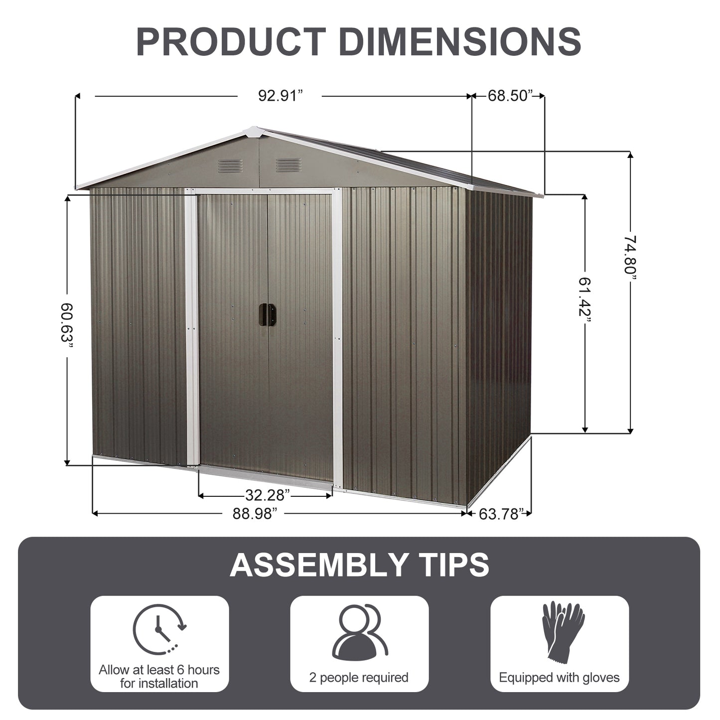 8ft x 6ft Outdoor Metal Storage Shed with Metal foundation,Gray (SKU: W540S00012)