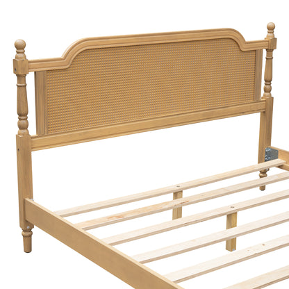 Traditional Style Rattan Queen Size Bed Frame,No Box Spring Needed,Antique Walnut