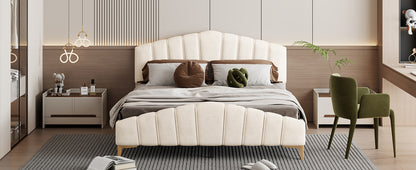 Queen Size Velvet Platform Bed with Thick Fabric, Stylish Stripe Decorated Bedboard and Elegant Metal Bed Leg, Beige