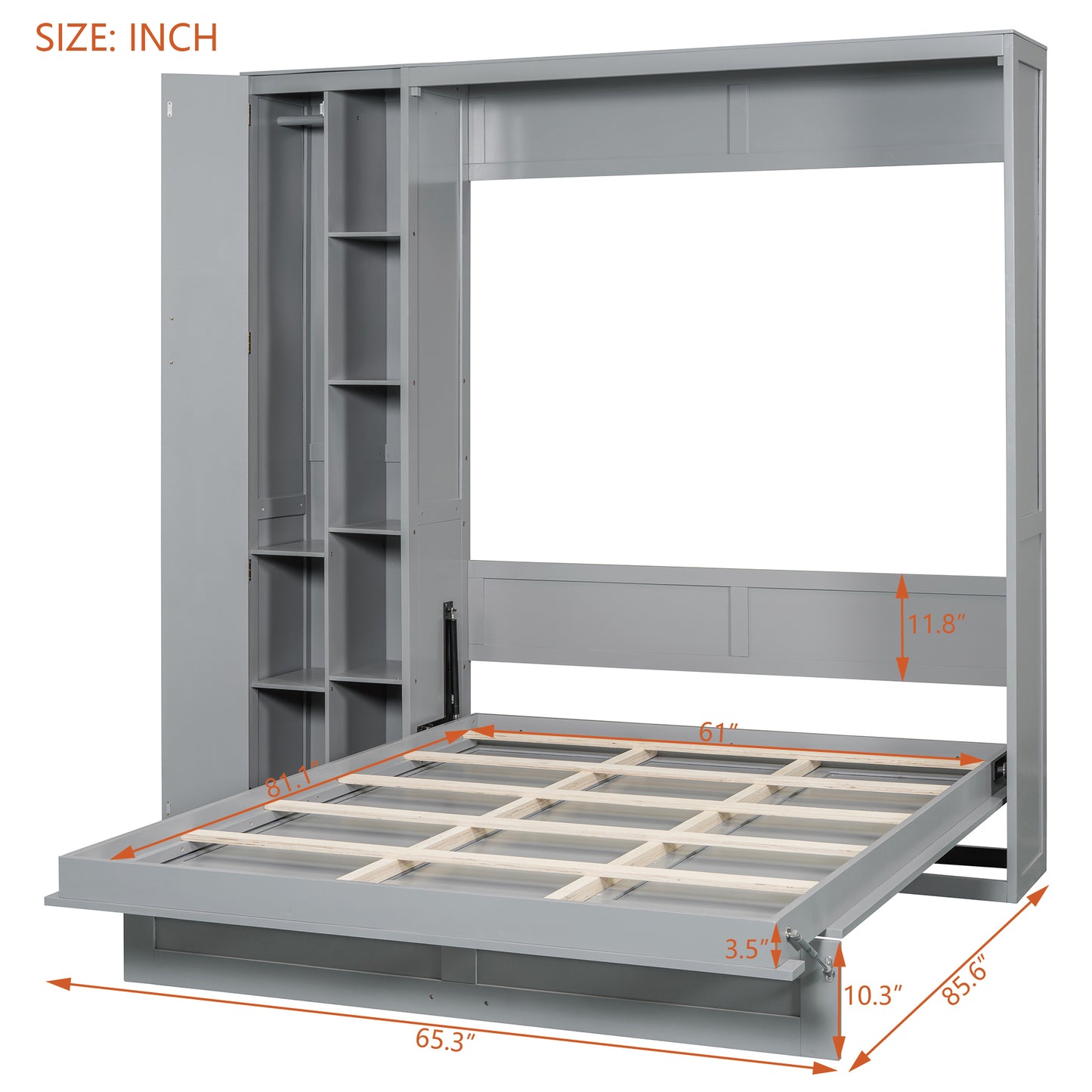 Queen Size Murphy Bed Wall Bed with Shelves, Wardrobe and LED Lights,Gray