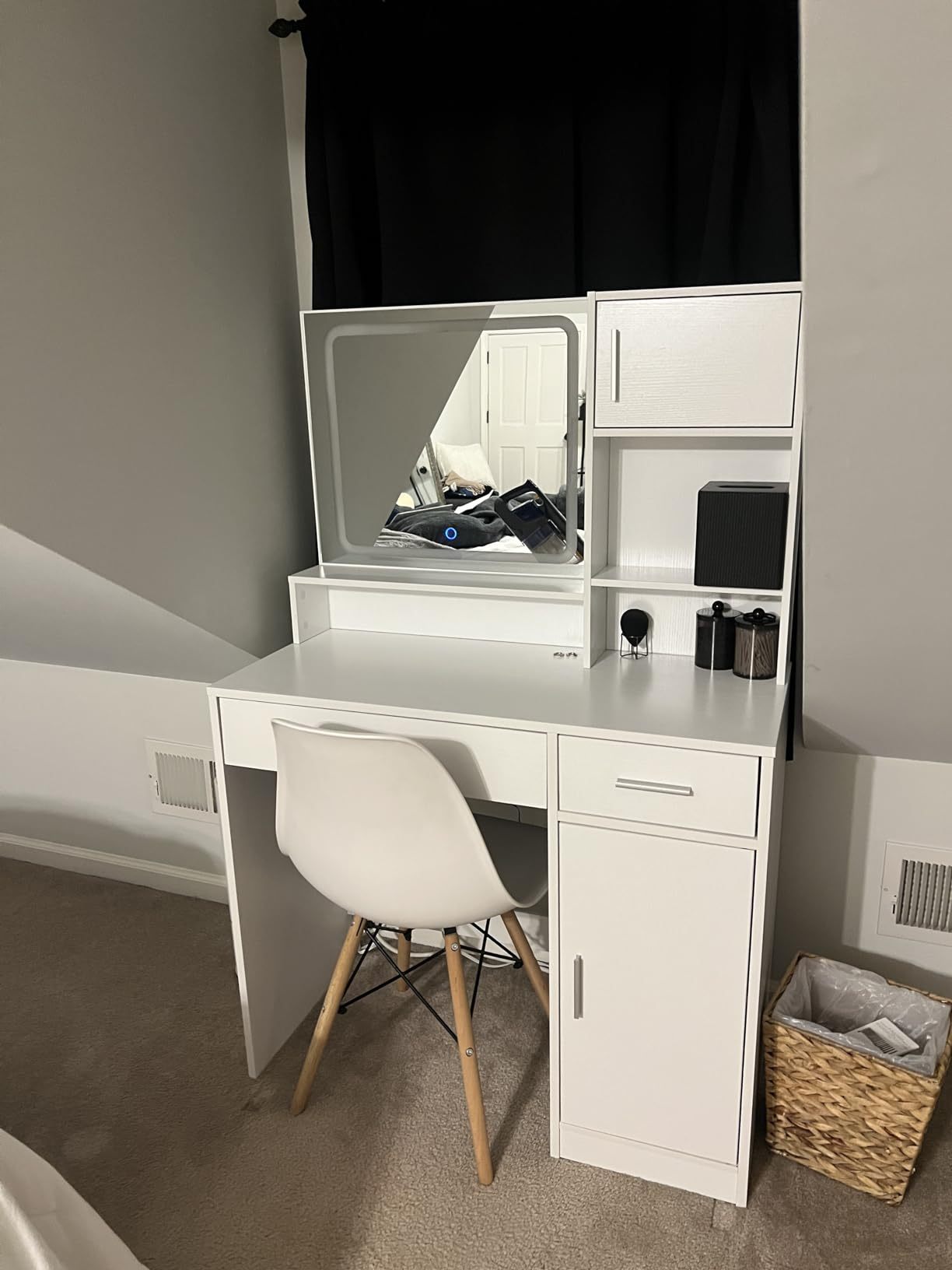 Vanity Desk with Mirror and LED Light Strip,Dressing Table with Large Drawer, 3 Level Storage Dresser & 3 Lighting Modes Adjustable Brightness, Suitable for Bedroom(White)