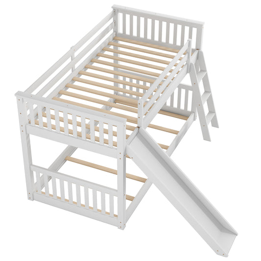 White Twin over Twin Bunk Bed with Convertible Slide and Ladder, Pine Wood, 79.1''L x 42.1''W x 49.4''H