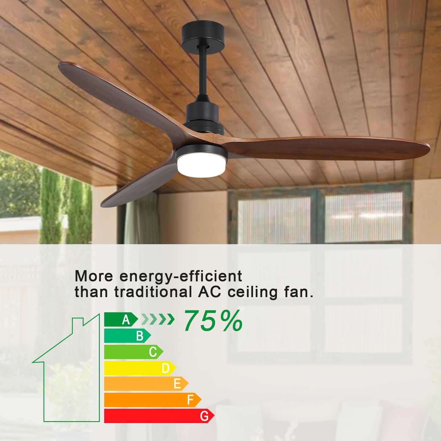 60 Inch Ceiling Fan With Lights 3 Solid Wood Fan Blade Noiseless Reversible Motor Remote Control