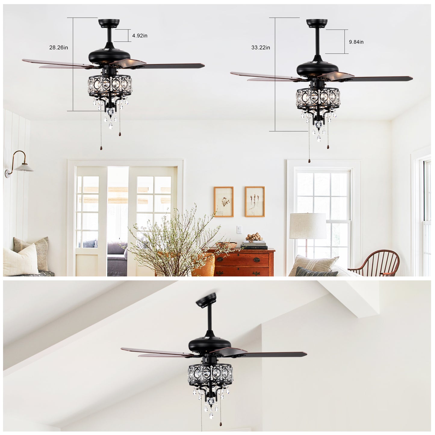 52'' Crystal Shade Ceiling Fan Lamp With Remote Control,3 Speed ,4 Timing , 5 Reversible Blades Crystal Ceiling Fan ,3PCS*E12  (NO Include Bulb) --  Hand Pull Chain