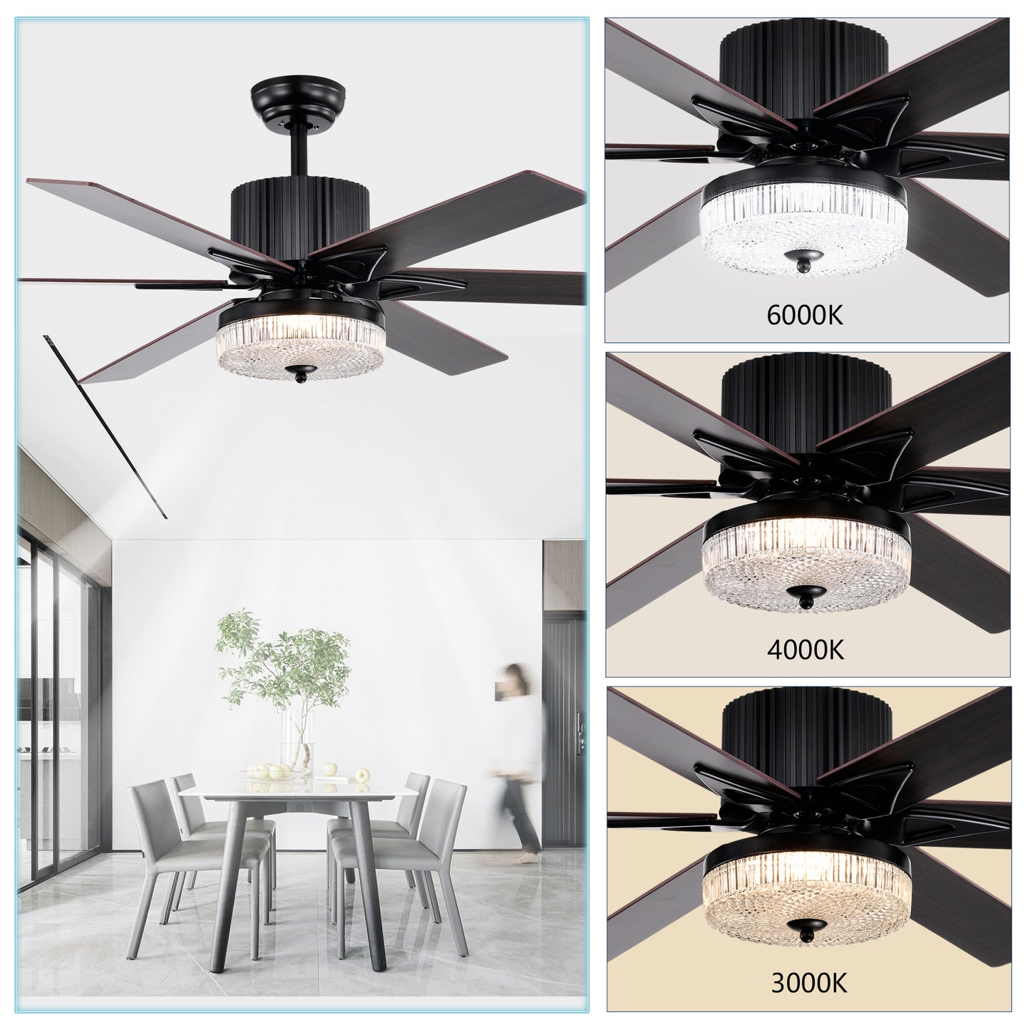 52 Inch Indoor Modern LED Ceiling Fan with Light and Remote Control, Reversible 6 Blades , Reversible Motor  - (Matte Black)