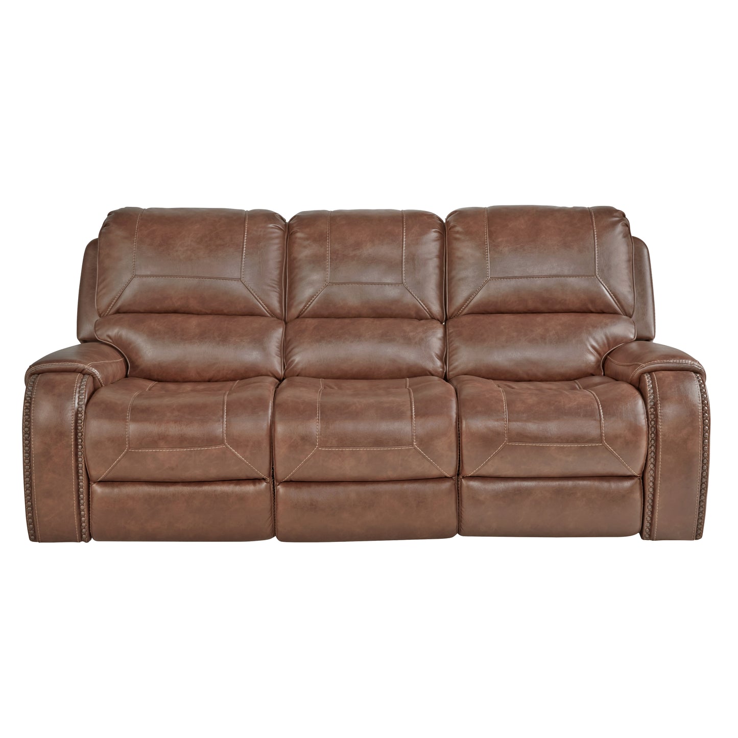 Achern Brown Leather-Air Nailhead Manual Reclining Sofa with Storage Console and USB Port