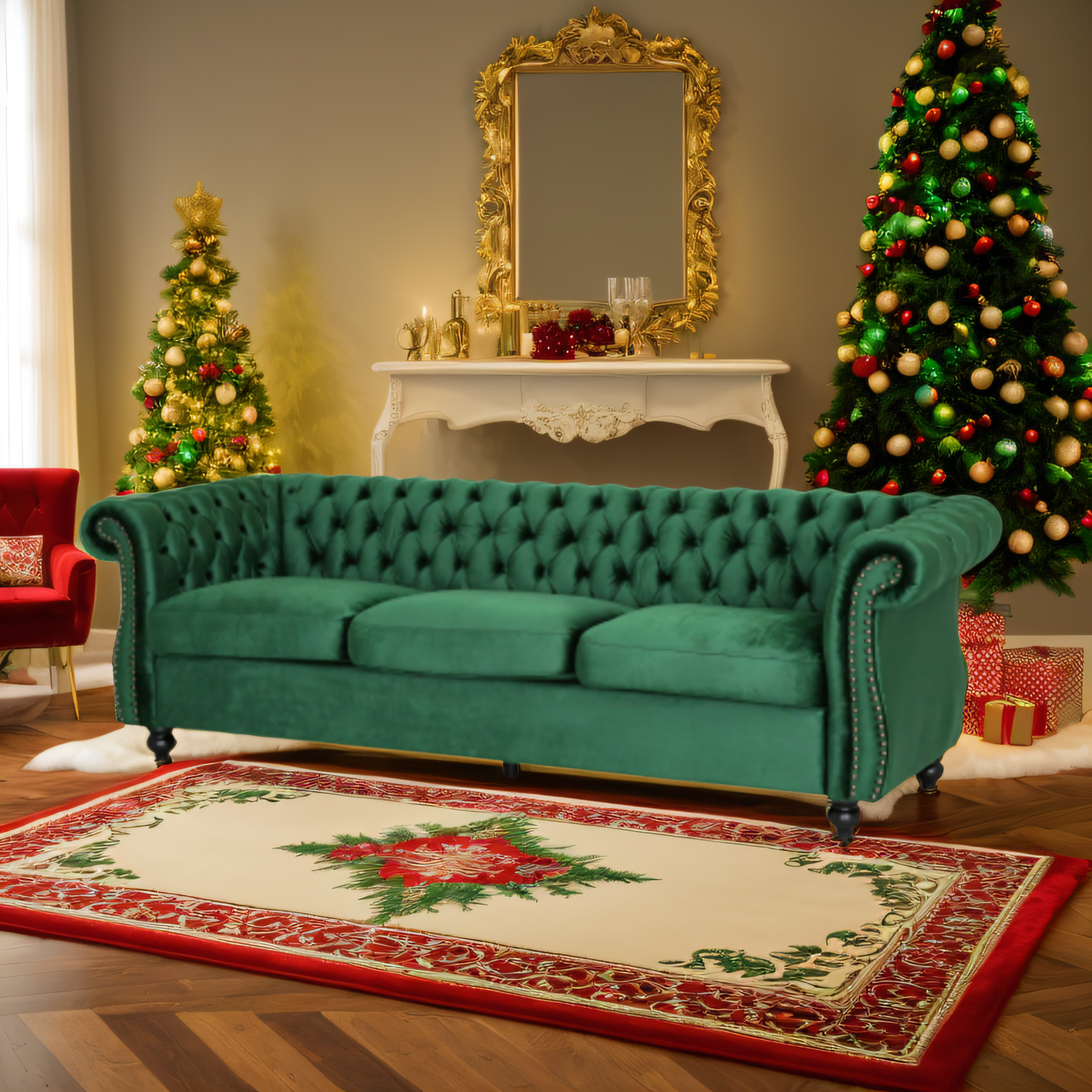 Durable 3-Seater Emerald Velvet Sofa, Combining Luxurious Comfort with Christmas Design, Perfect for Elegant Living Spaces, Featuring Plush Upholstery for Relaxation and a Touch of Sophisticated Style