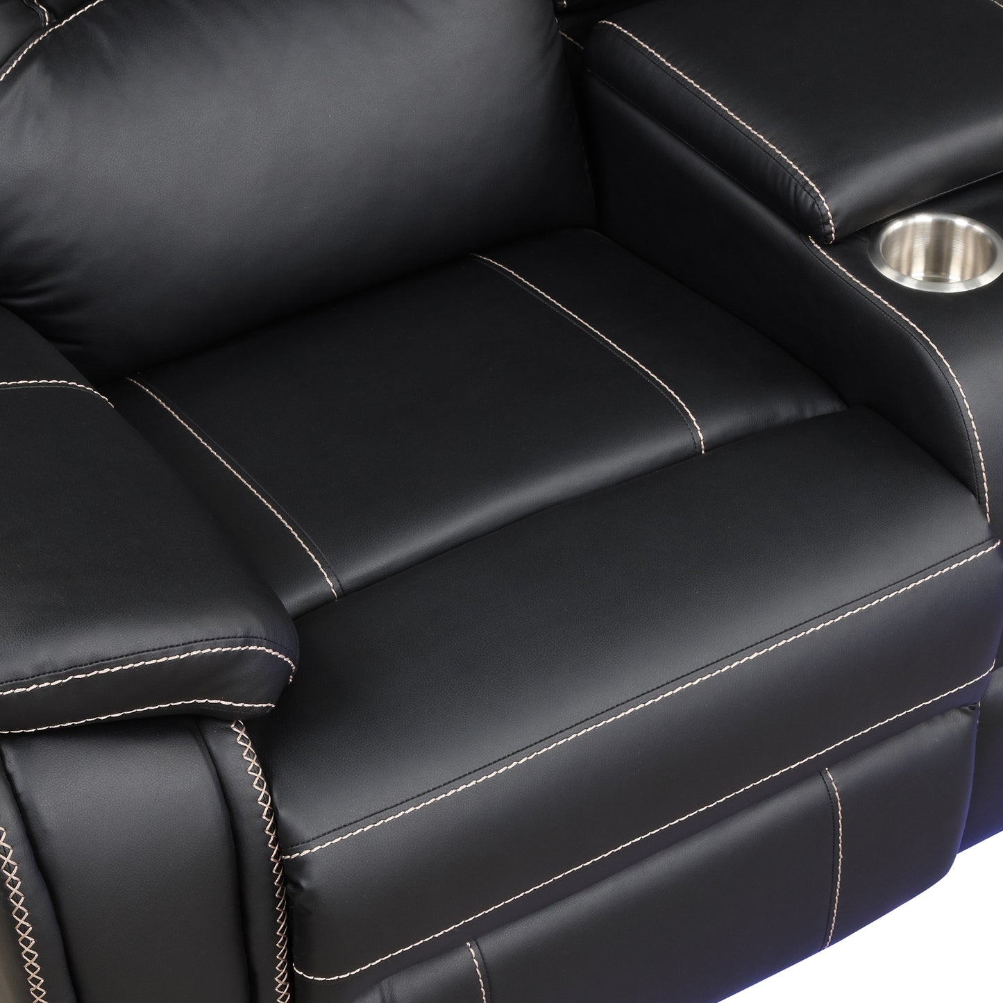 Modern Faux Leather Manual Reclining with Center Console with LED Light Strip,Living Room Furniture Set,PU Symmetrical Couch with 2 Cup Holders and Storage for Living room,Black