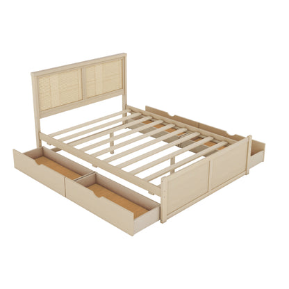 Queen Size Wood Storage Platform Bed with 4 Drawers, Rattan Headboard, Nature