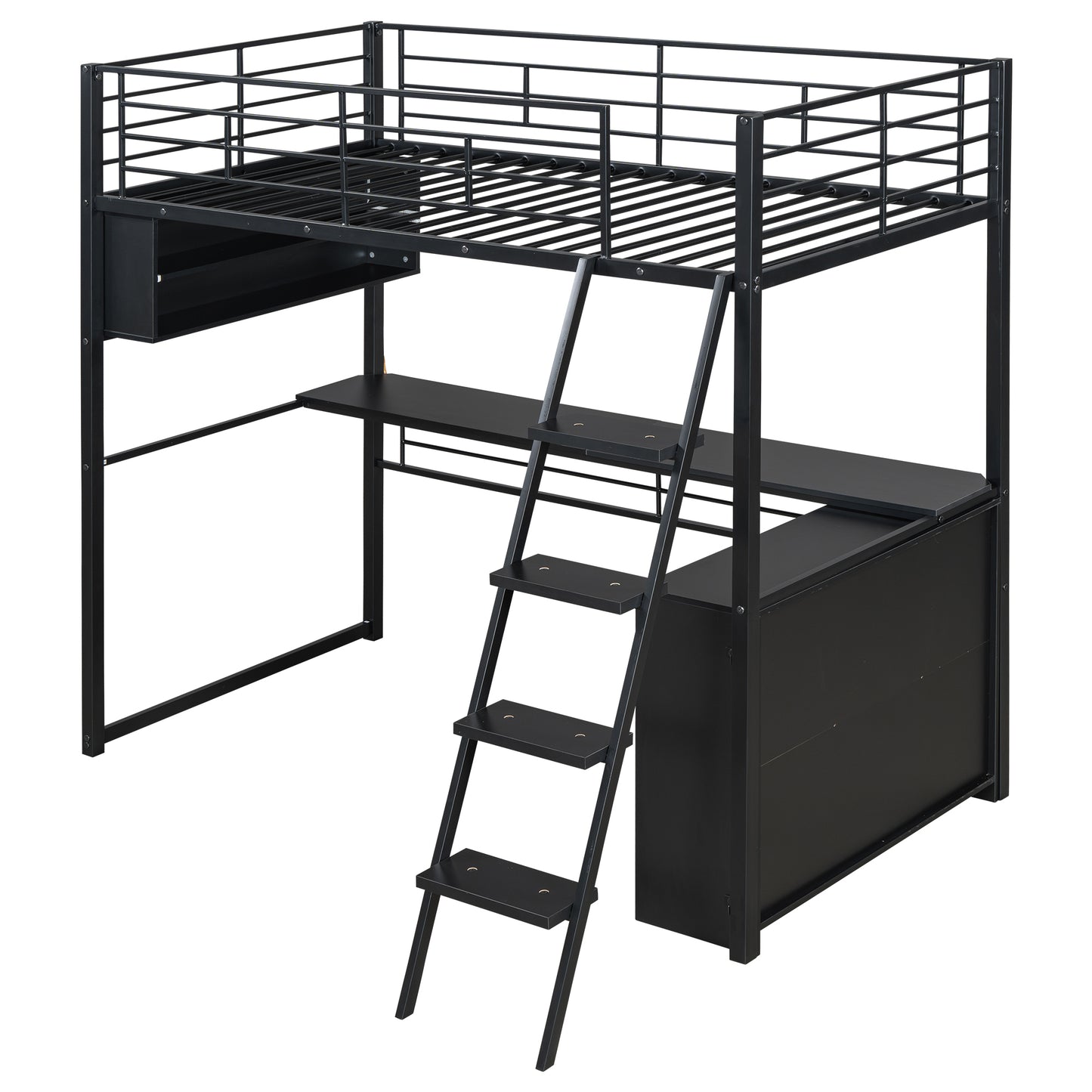 Twin Size Metal Loft Bed with LED Desk and 4 Storage Shelves in Black, MDF+Metal Frame