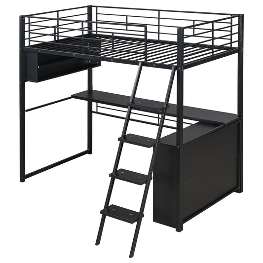 Twin Size Metal Loft Bed with LED Desk and 4 Storage Shelves in Black, MDF+Metal Frame