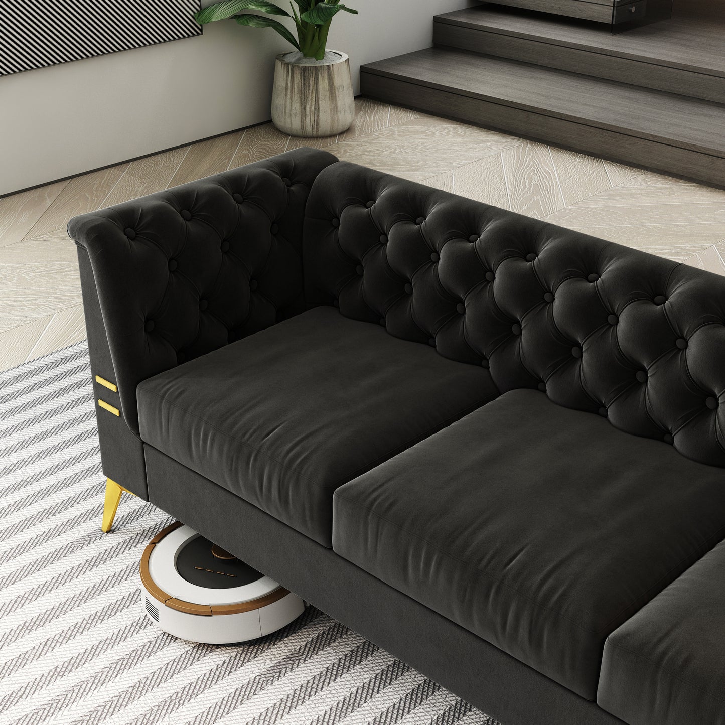 FX-P83-BK2(SOFA) Luxurious Black Velvet Sofa with Gold Legs - Modern Chesterfield Design, Tufted Upholstery, 3-Seat Couch for Living Room and Office