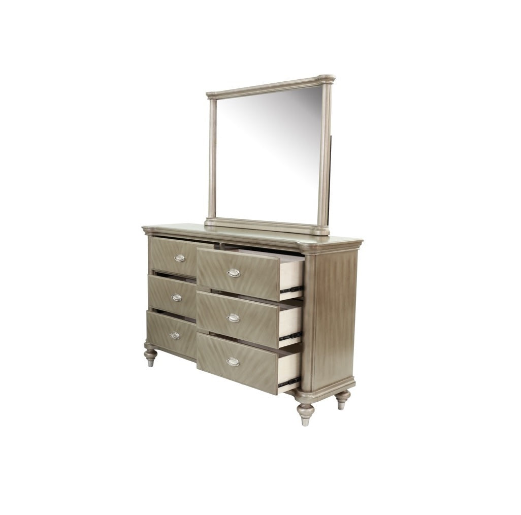 Luxury Antique Silver / Champagne Finish Dresser w Mirror Storage Space Drawers Bedroom Furniture