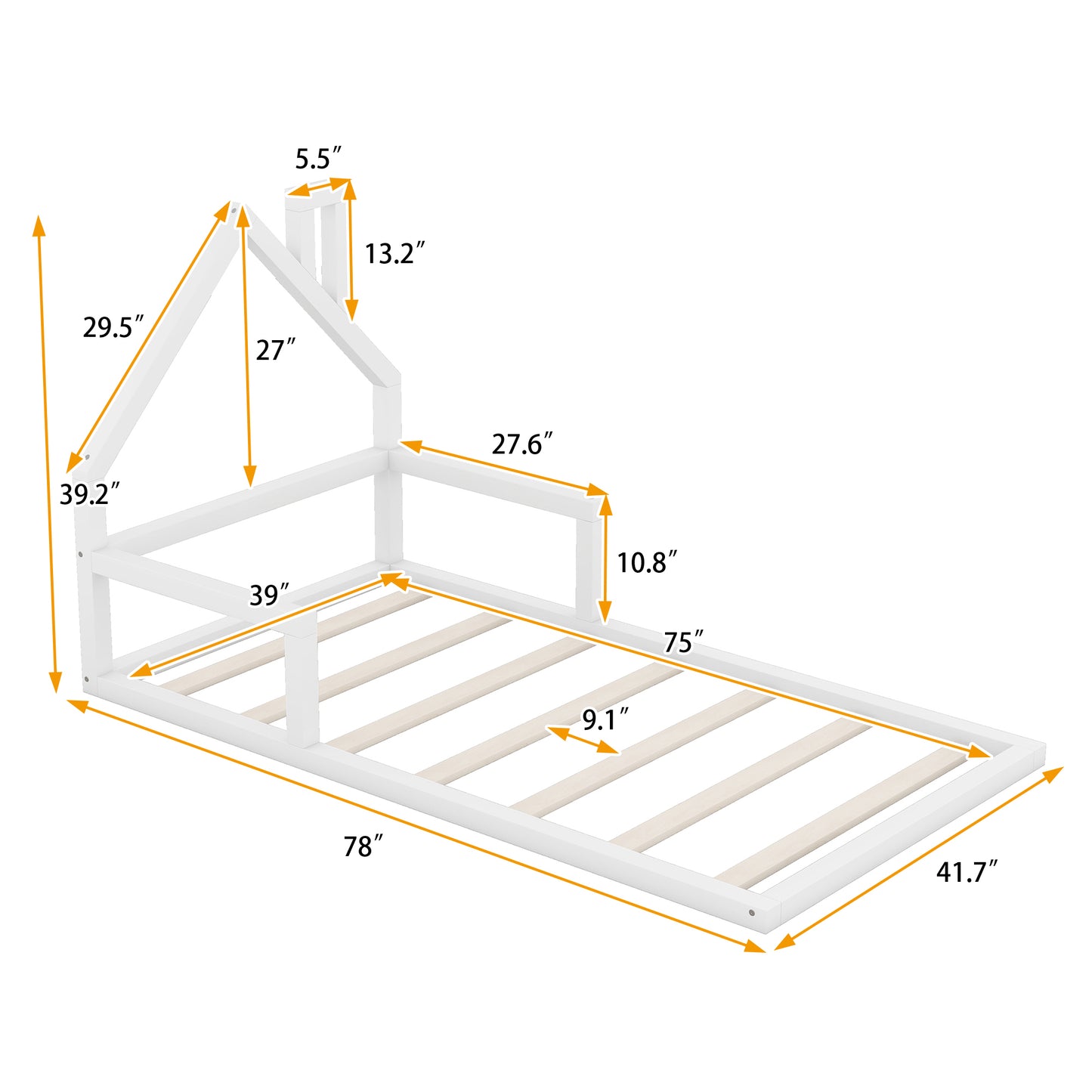 Twin Size Wood Floor Bed with House-shaped Headboard, White