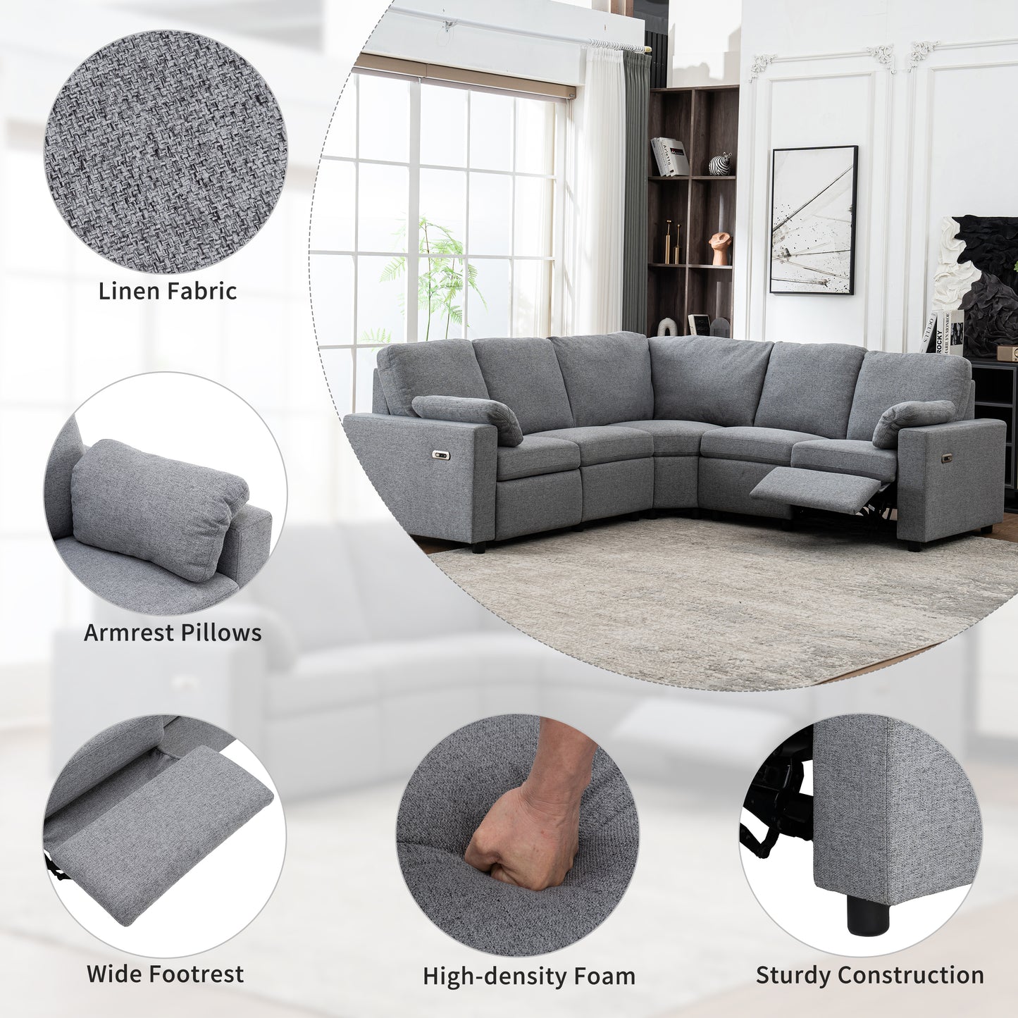 89" Power Recliner Sectional Sofa Home Theater Reclining Sofa with Two USB Ports, Two Storage Drawers for Living Room, Gray