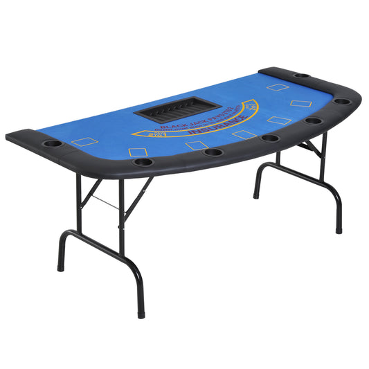 Soozier Poker Table Foldable, 72" Blackjack Table for 7 Players with Chip & Cup Holder, Blue Felt