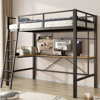 Twin Metal Loft Bed with L-Shaped Desk, Charging Station Loft Bed Frame Twin Size, Safety Guard & Ladder, No Box Spring Needed, Black