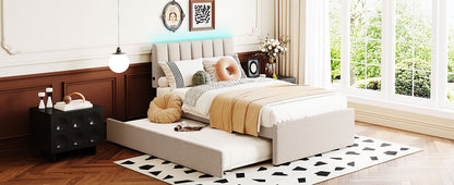 Teddy Fleece Twin Size Upholstered Platform Bed with Trundle, Beige