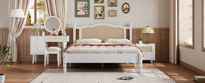 Queen Size Wooden Platform Bed with Natural Rattan Headboard, Vintage Bed Frame with Wooden Slat Support, White