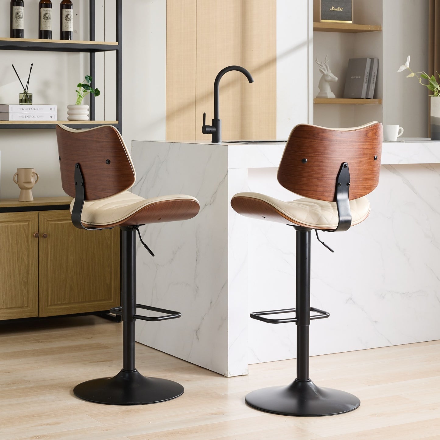 Walnut Bentwood Bar Stools Mid Century Modern Adjustable Counter Height Black Leather Upholstered 360°Swivel Bar Chairs for Kitchen Island/Dining Room/Cafe, 1 chair/1carton,Beige