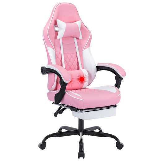 Ergonomic Video Gamer Chairs,Computer Gaming Chairs with Massage Lumbar Support and footrest,Racing Style Computer Chair Adjustable Headrest for Adults,Pink White