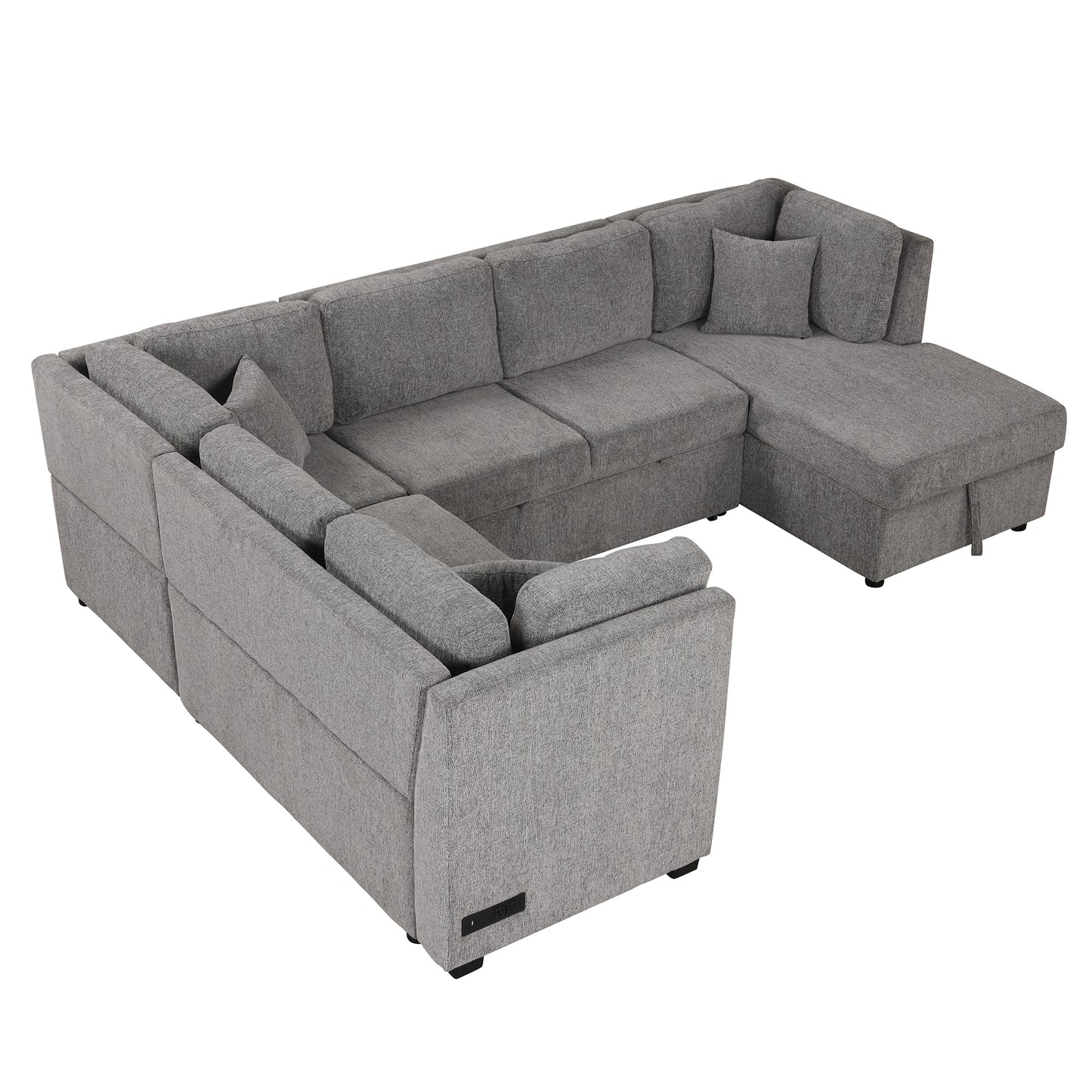 108.6" U-shaped Sectional Sofa Pull out Sofa Bed with Two USB Ports, Two Power Sockets, Three Back Pillows and a Storage Chaise for Living Room, Light Gray