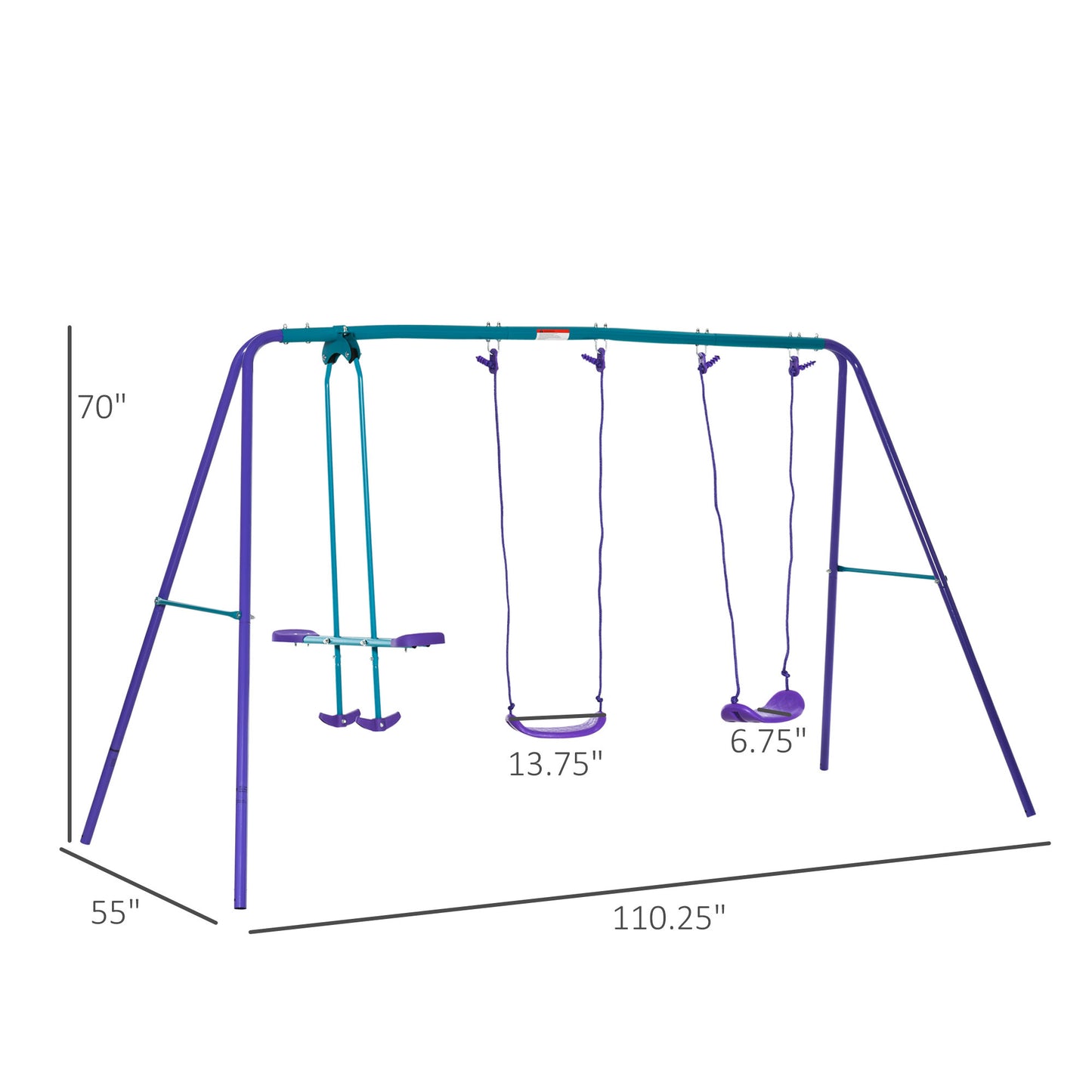 Outsunny Metal Swing Set with Glider, Two Swing Seats and Adjustable Height, Outdoor Heavy Duty A-Frame Suitable for Playground, Backyard, Purple