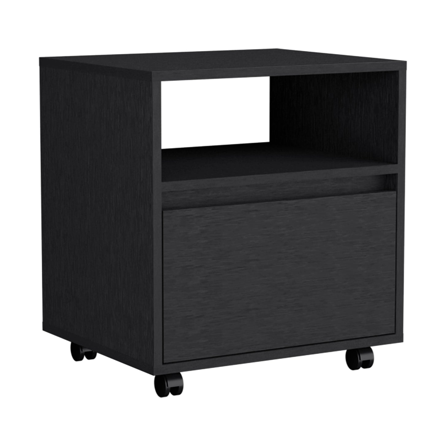 Nightstand 20"H, with One Open Shelf, 1 Drawer and Casters, Black