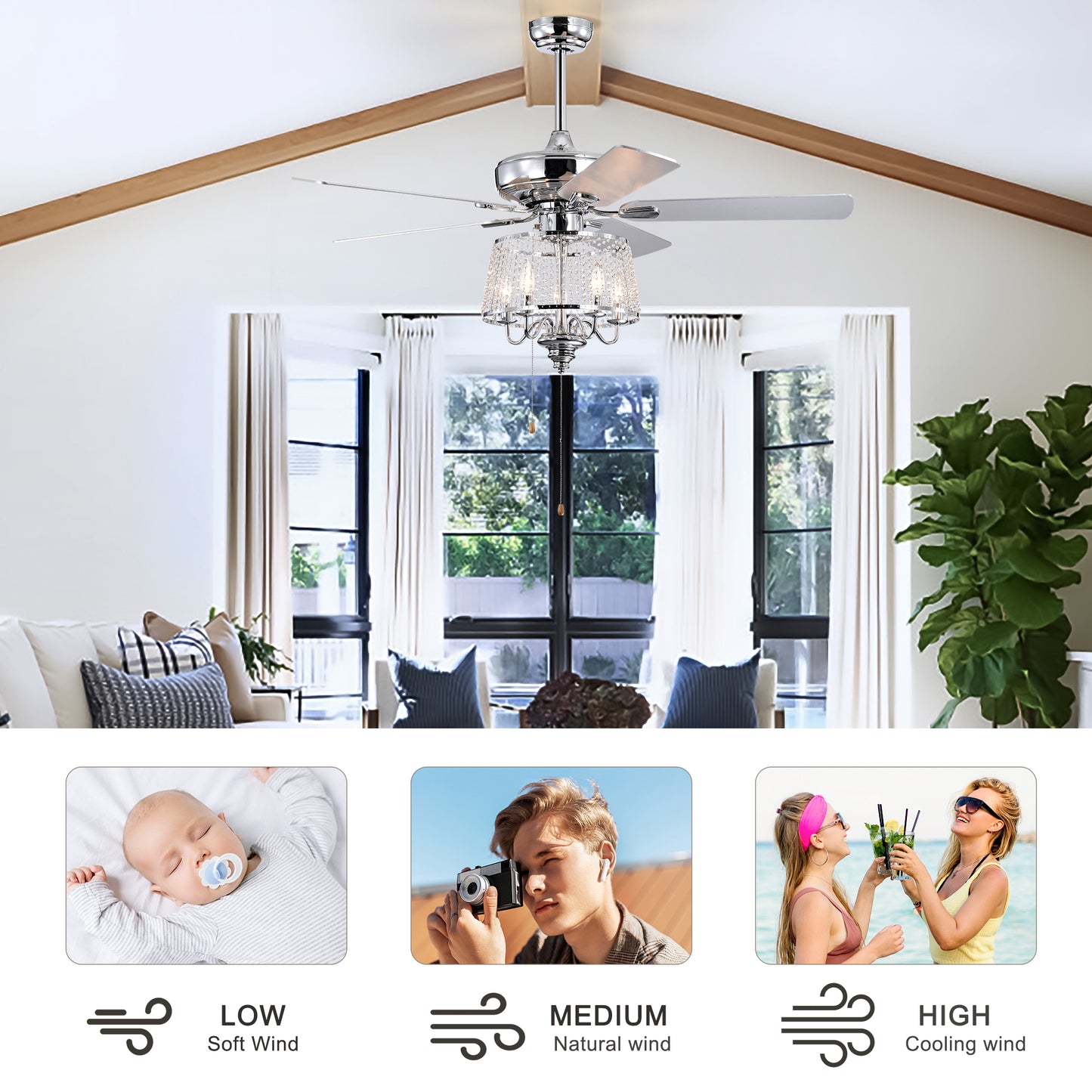 52 Inch Crystal Ceiling Fan , Modern Electrical Fan with 5 Wood Reversible Blades,  4 Bulbs Not Included,Noiseless Reversible AC Motor for Bedroom/Living Room/Study/Patio Home Decoration  (Chrome)