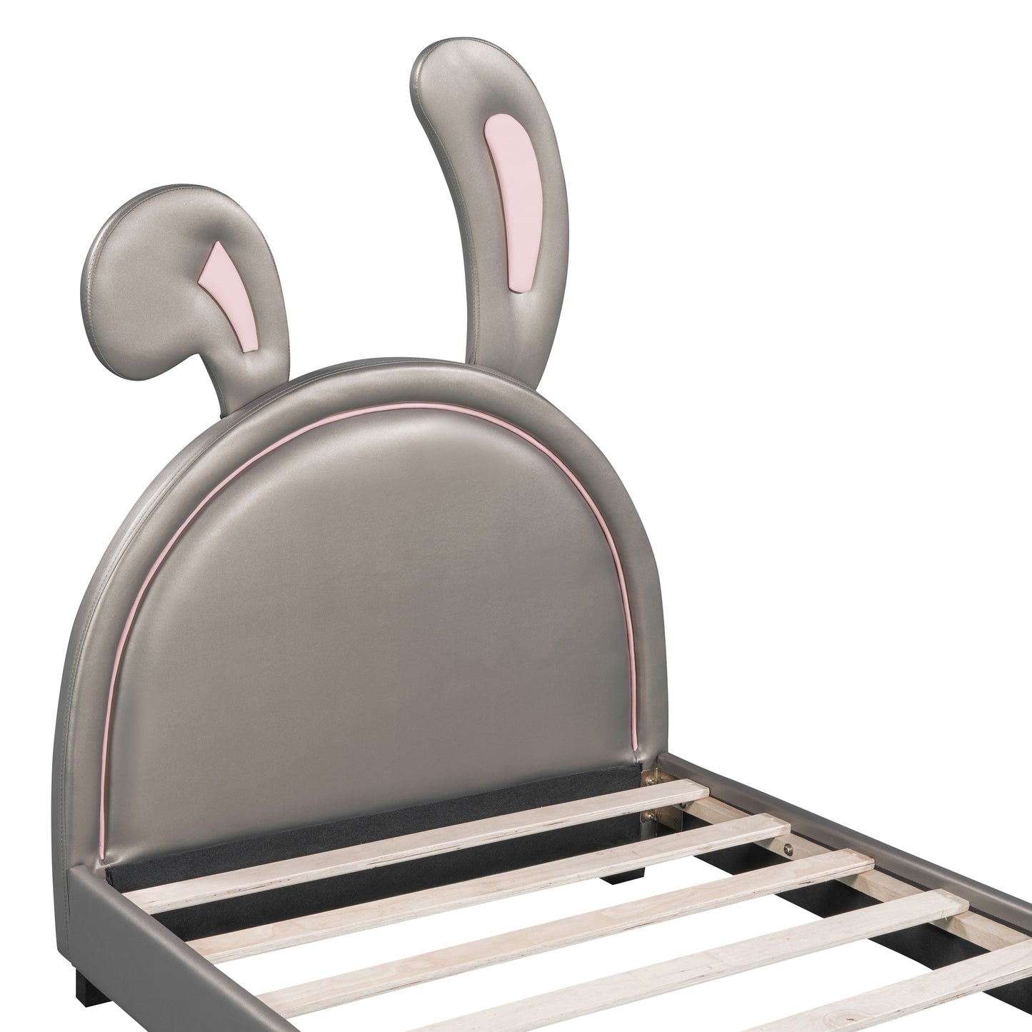 Twin Size Upholstered Leather Platform Bed with Rabbit Ornament, Gray