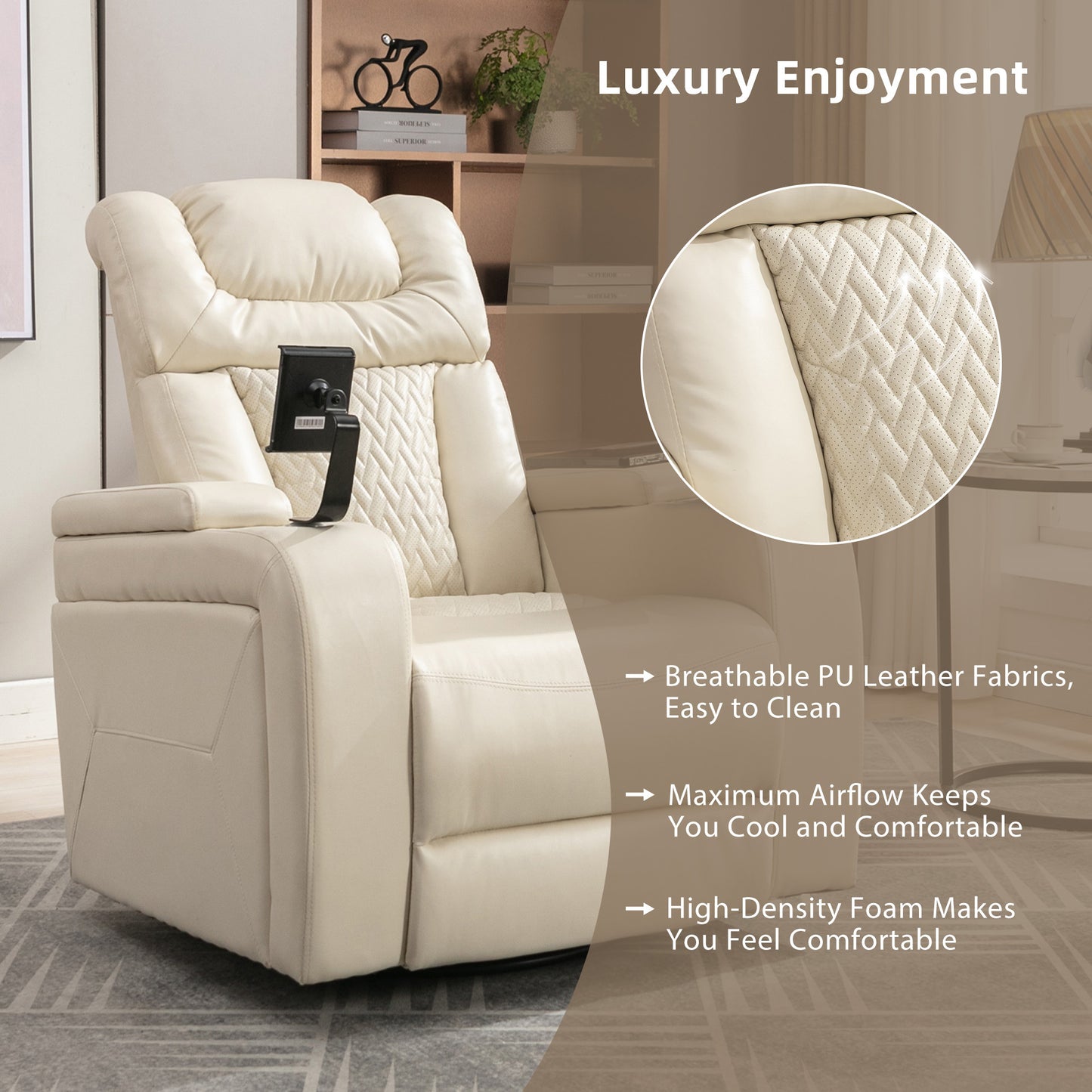 270 Degree Swivel PU Leather Power Recliner Individual Seat Home Theater Recliner with  Comforable Backrest, Tray Table,  Phone Holder, Cup Holder,  USB Port, Hidden Arm Storage for Living Room, White