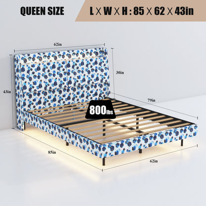 Queen Floating Bed Frame with LED Light and Charging Station Upholstered Platform Bed Frame Queen Size with Headboard and Hidden Storage Space, No Box Spring Needed, Blue