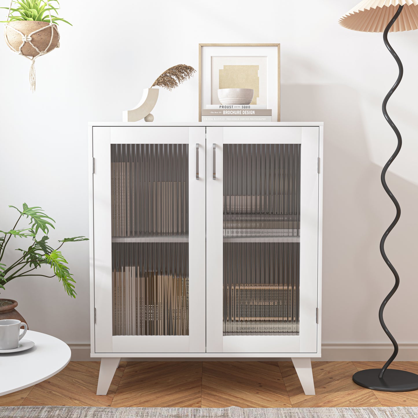 Modern Living Room Cabinet Storage Organizer with 2 Glass Doors and Adjustable Shelf White