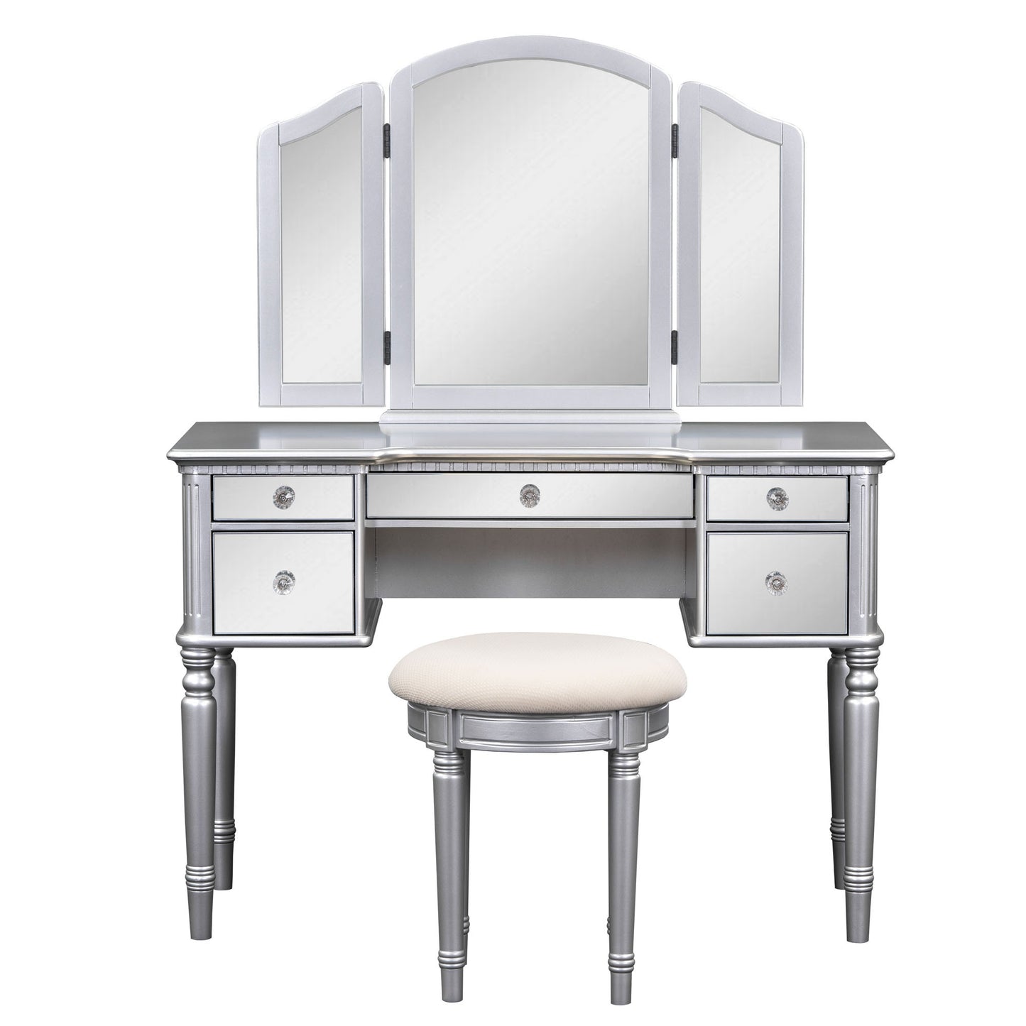 GO 43" Dressing Table Set with Mirrored Drawers and Stool, Tri-fold Mirror, Makeup Vanity Set for Bedroom, Silver