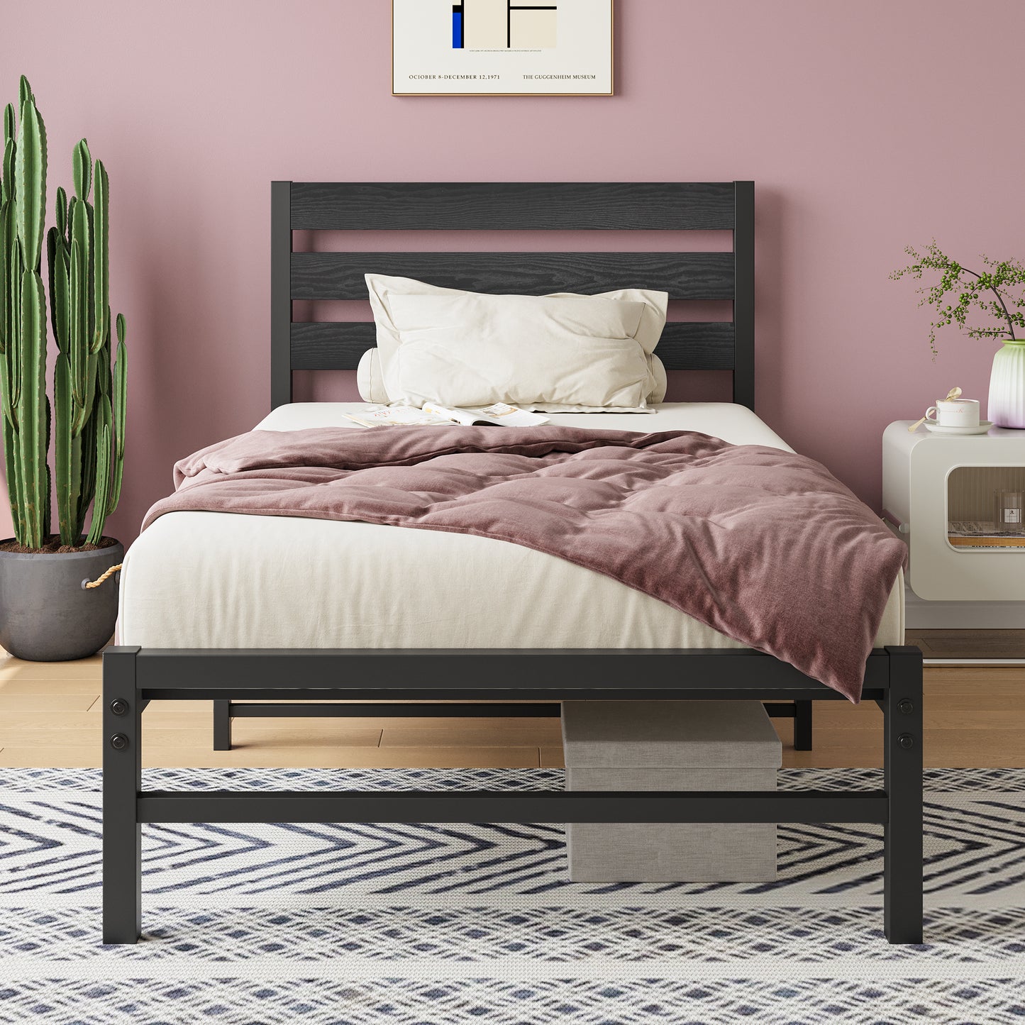 Twin Size Platform Bed Frame with Rustic Vintage Wood Headboard, No Box Spring Needed Black