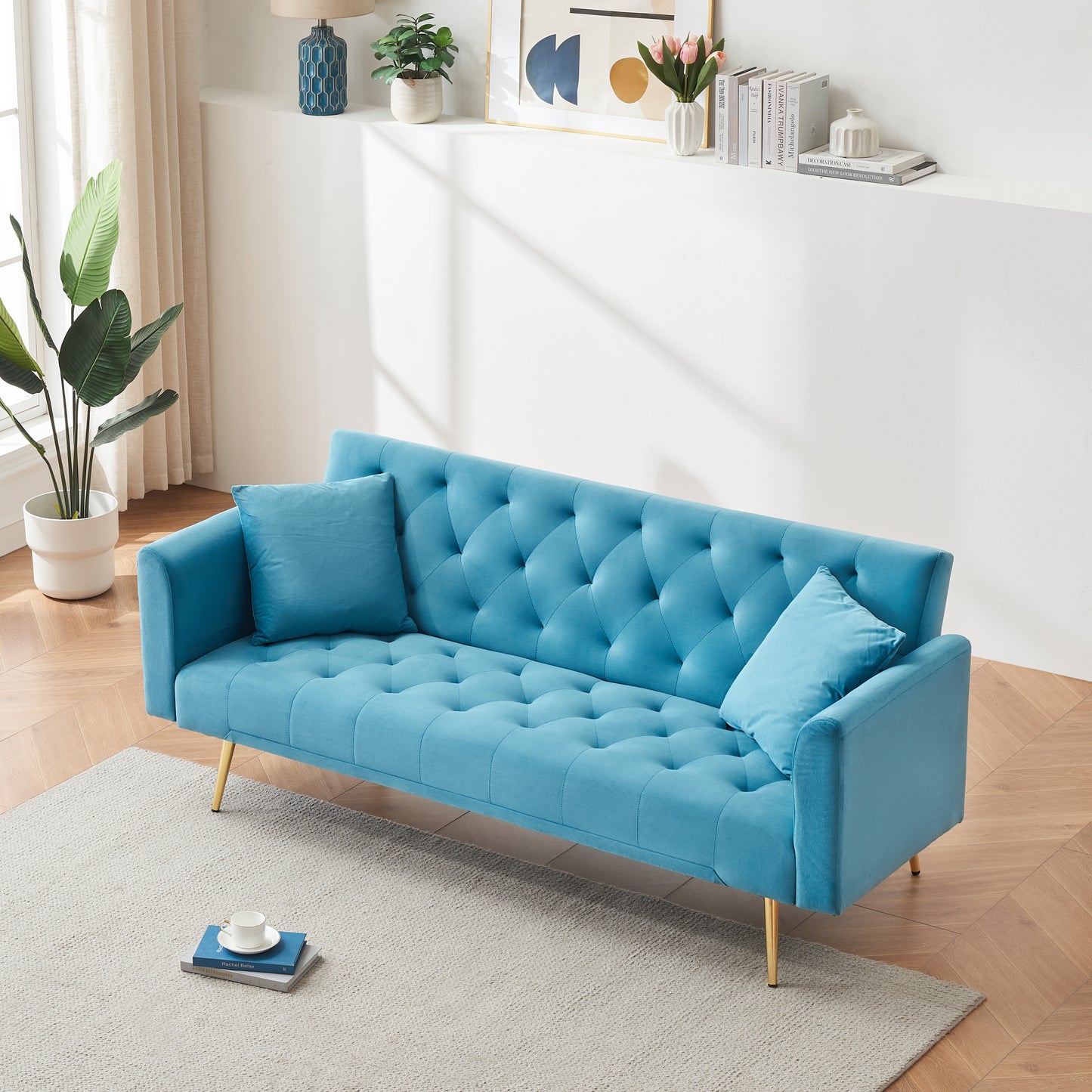 71 inch convertible love seat sofa, American retro, light blue velvet, suitable for small living room, bedroom, office